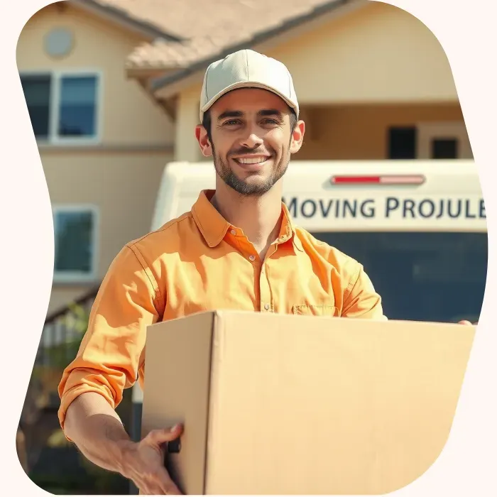 Two removalists moving boxes up stairs
